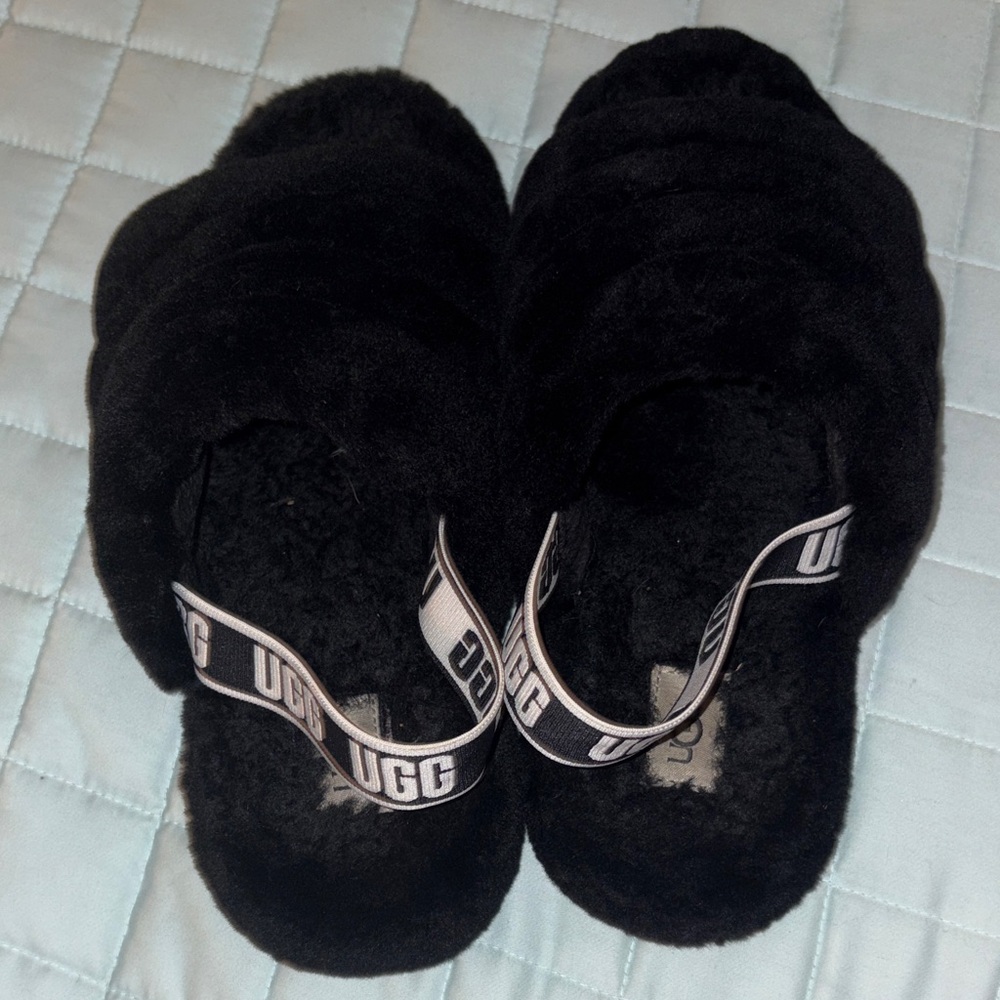 UGG Black Fluffy Slides with Logo Strap
